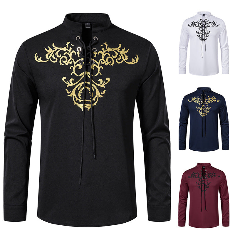 Herren Langarmshirt Asiatisch Modern Schnürung Design