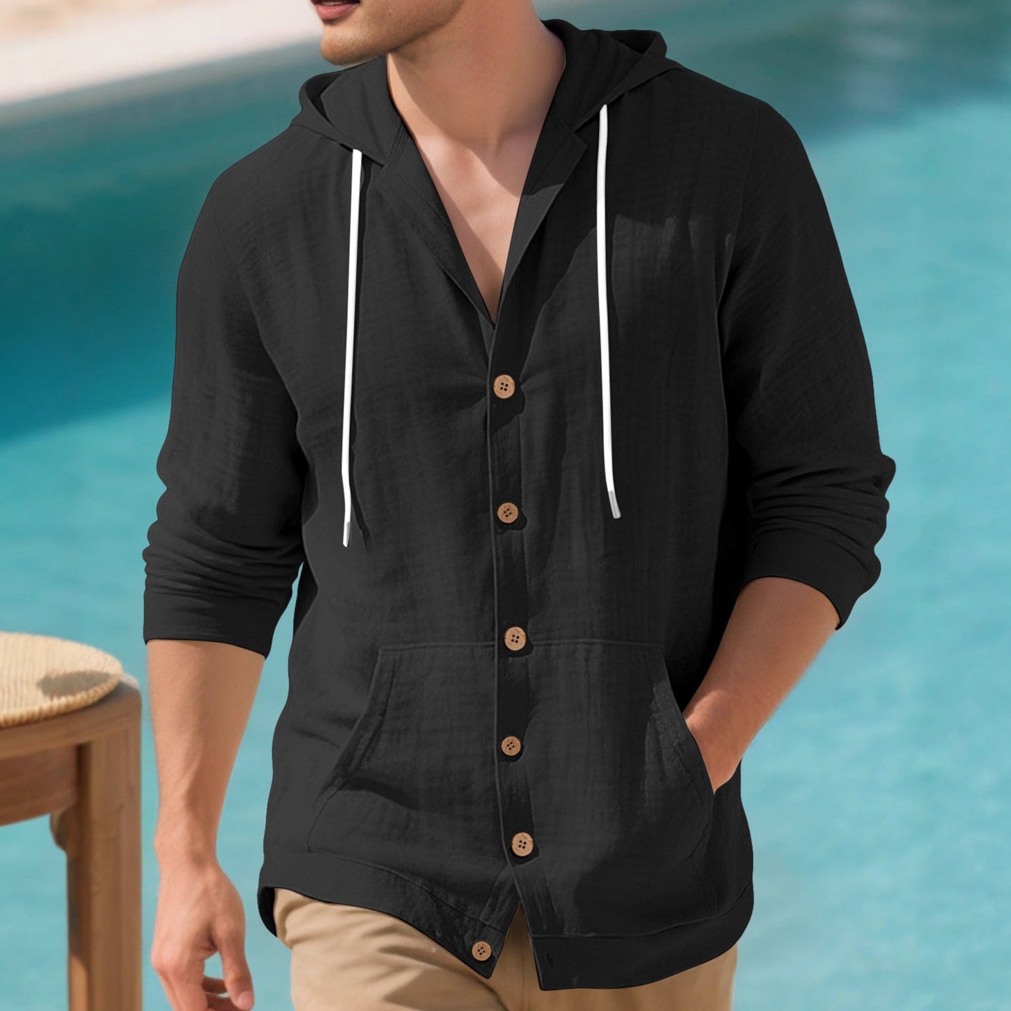 Herren Freizeitjacke Modern Kapuze Taschen Schwarz