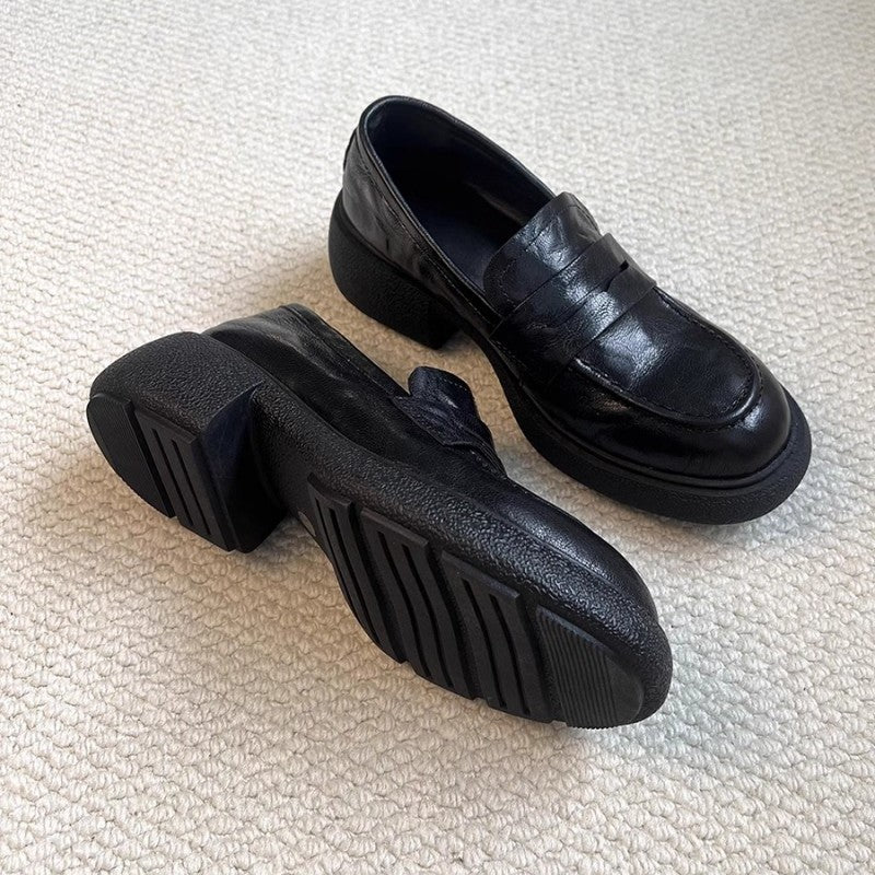 Damen Loafers Robust Lederschuhe mit Blockabsatz - BerlinGlamour