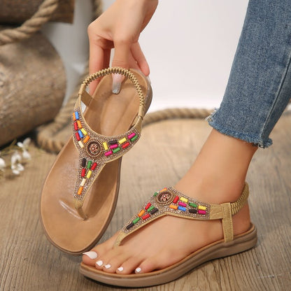 Damen Zehentrenner Sandalen Bunt Bequem Schmuckdetail