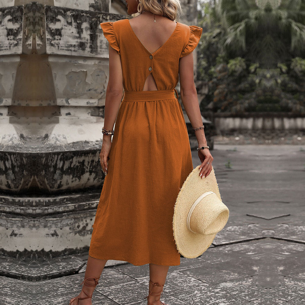 Damen Kleid Midi Tailliert mit Rüschen und Gürtel
