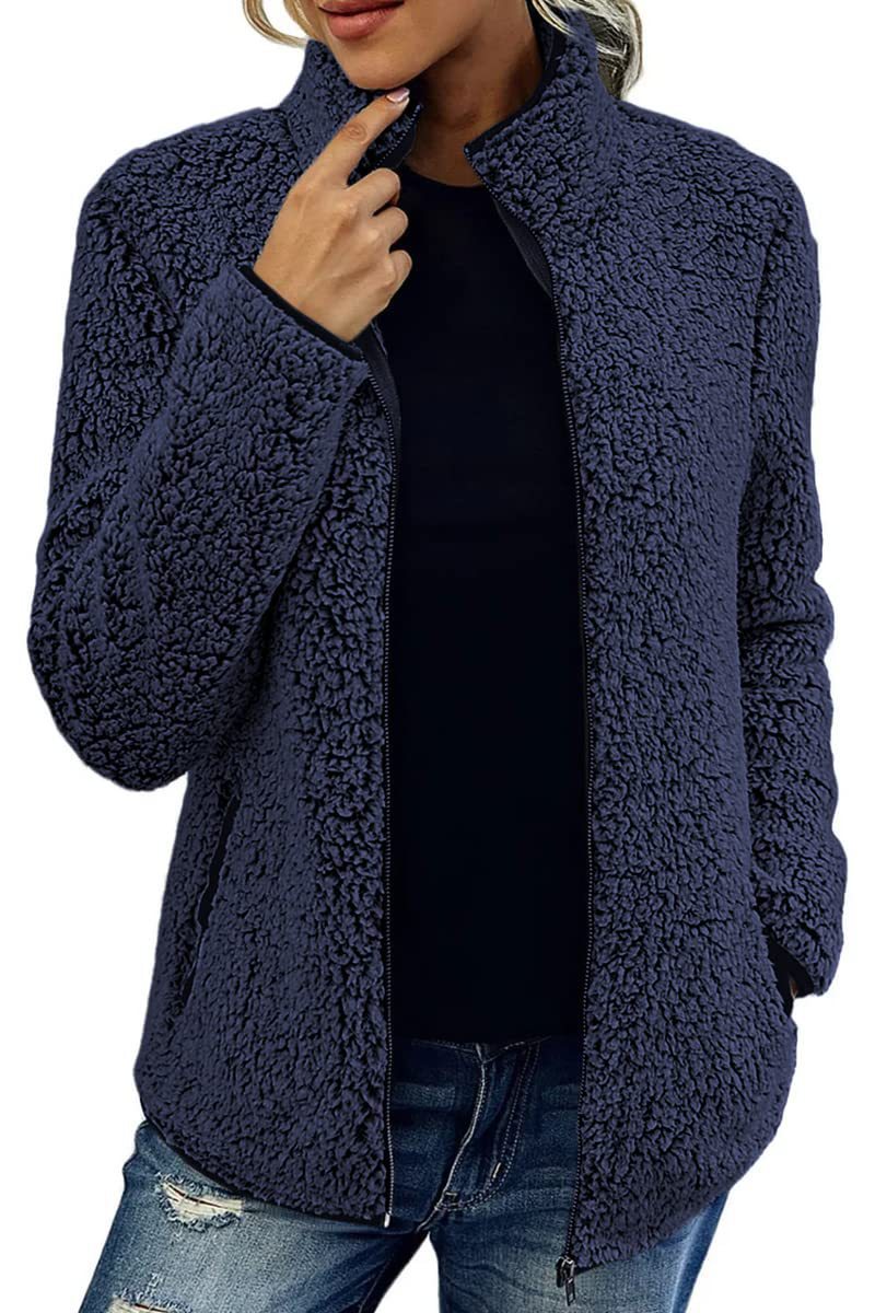 Damen Fleecejacke Flauschig Warm mit Kragen und Taschen