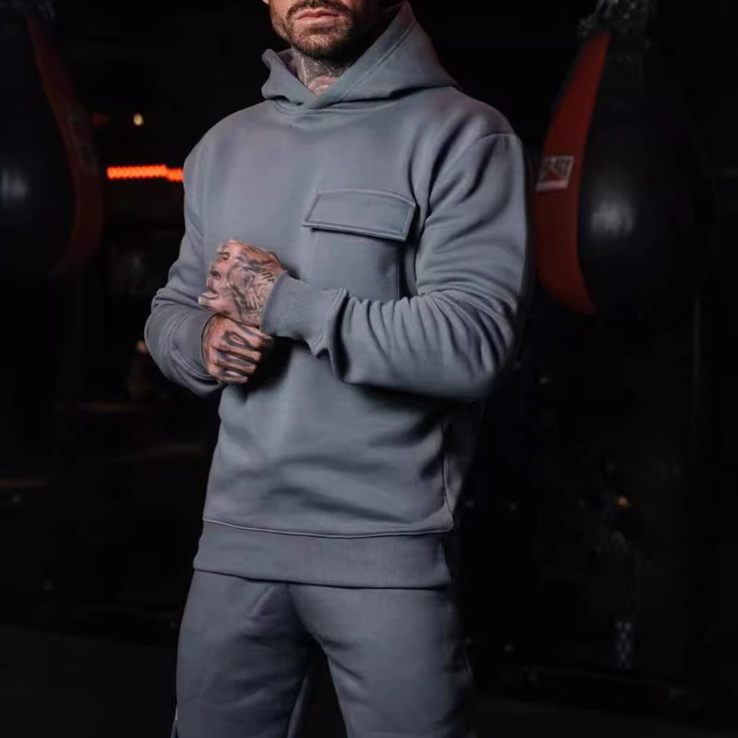 Herren Hoodie mit Brusttasche Modern Sportlich Grau