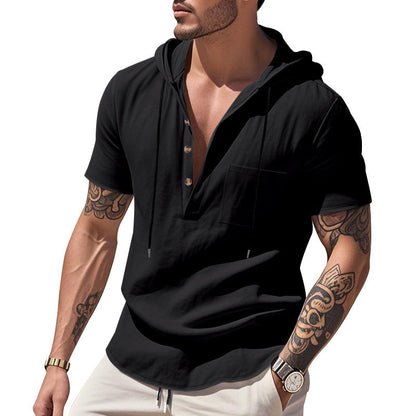 Herren Hoodie Kurzarm Hemd Kapuze Knopfleiste Trendig