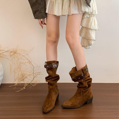 Damen Stiefel Wildleder Rustikal mit Falten-Design