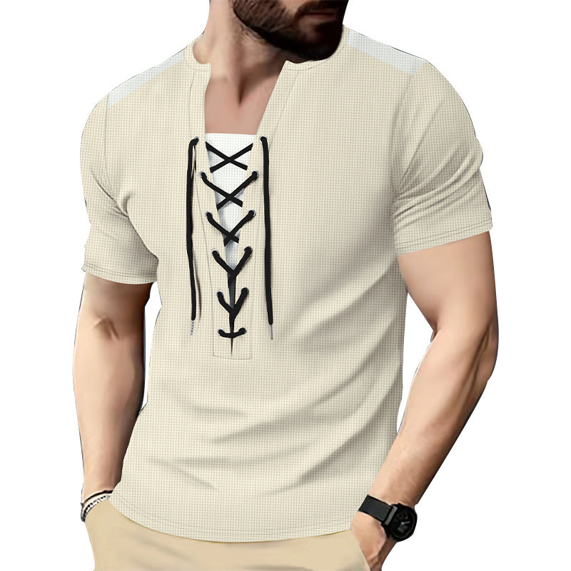 Herren T-Shirt Kurzarm Henley atmungsaktiv Schnürdetail