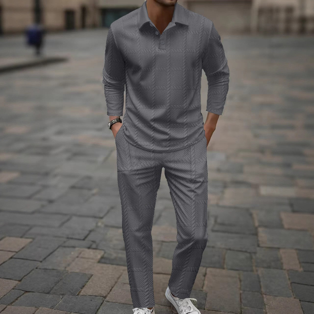 Herren Poloshirt Langarm Slim Fit Hose Set Modern