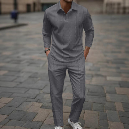 Herren Poloshirt Langarm Slim Fit Hose Set Modern
