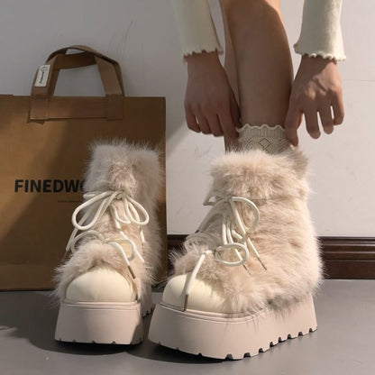 Damen Winterstiefel Schnürboots Warm Fellkragen Rutschfest