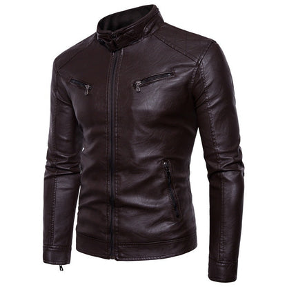 Lederjacke Herren Modern Stehkragen Reißverschluss Schwarz