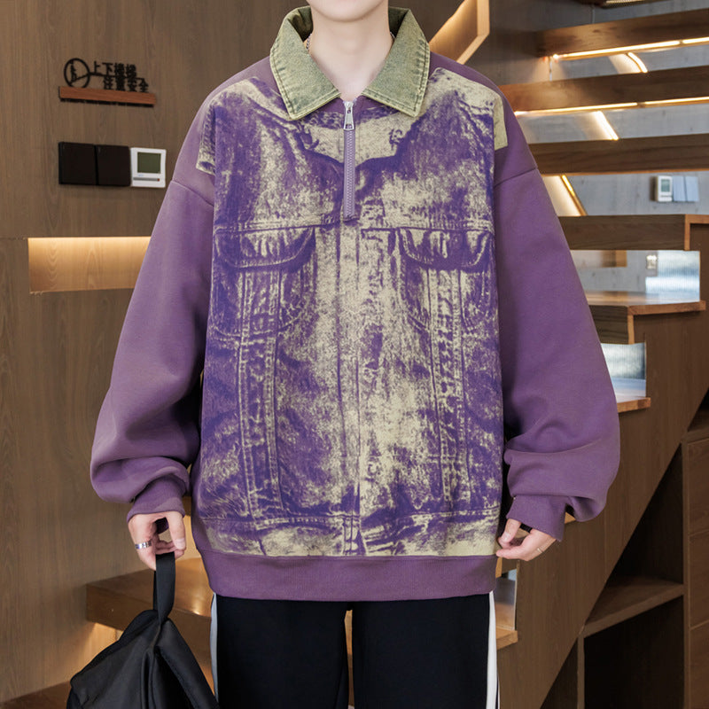 Unisex Sweatshirt Oversized Blau Denim Stehkragen