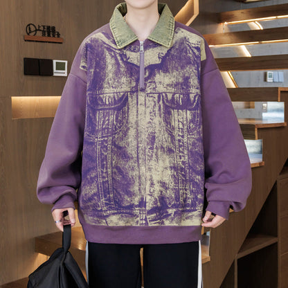 Unisex Sweatshirt Oversized Blau Denim Stehkragen