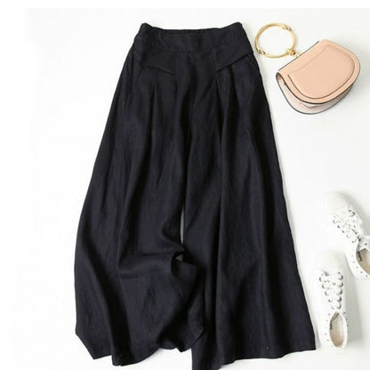 Damen Leinenhose Weit Bequem Mit Hochem Bund