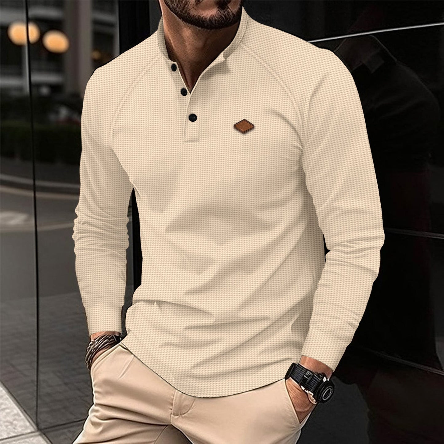 Herren Polohemd Langarm Modern Dezent Muster
