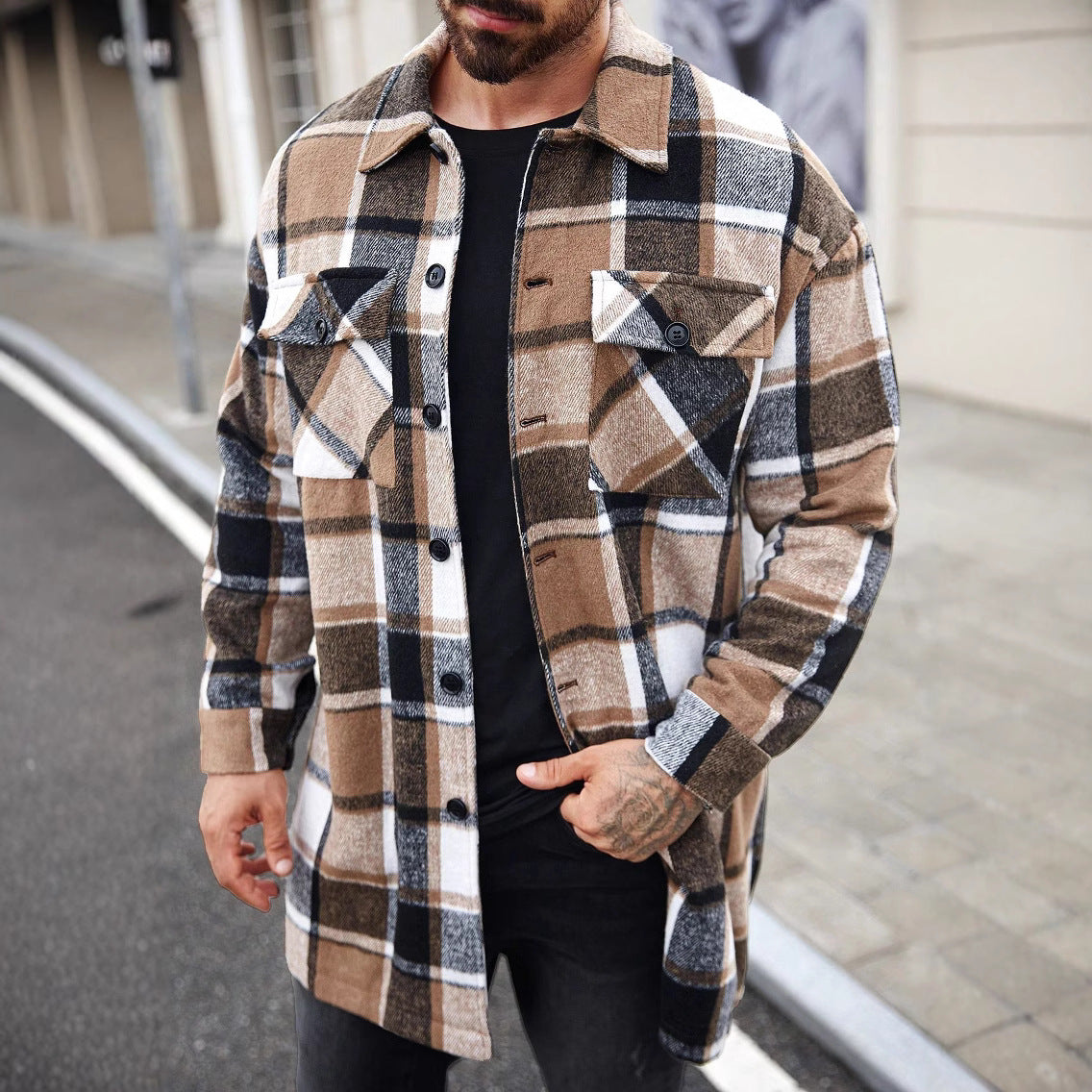 Herren Flanelljacke Kariert Modern mit Taschen