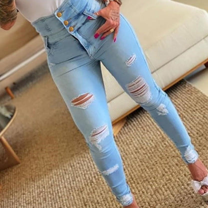 Damen High-Waist Jeans Distressed Effekt Knopf Detail Modern - BerlinGlamour