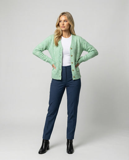 Damen Cardigan Hüftlang Feinstrick Melange mit Perlmuttknöpfen