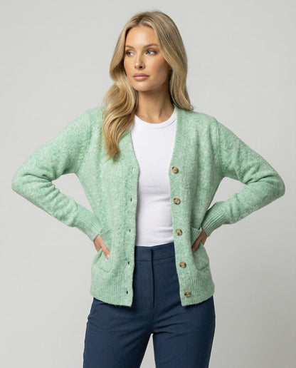 Damen Cardigan Hüftlang Feinstrick Melange mit Perlmuttknöpfen - BerlinGlamour
