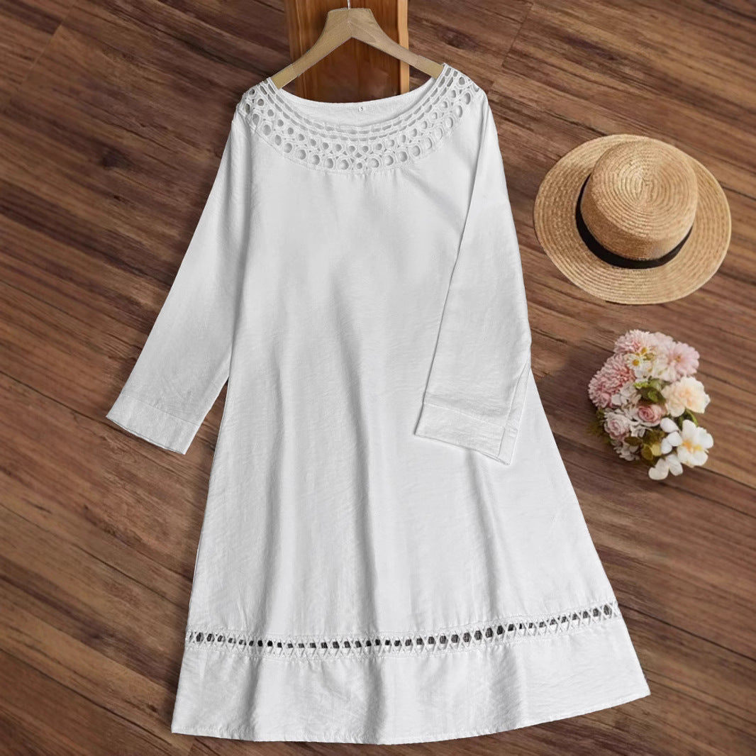 Sommerkleid Damen Elegant Häkelkragen Durchgehender Schnitt