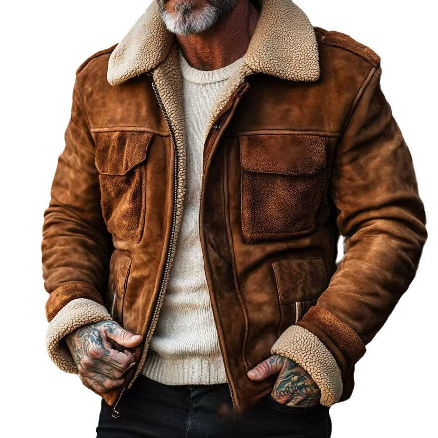 Herren Lederjacke Vintage Teddyfellkragen Praktisch