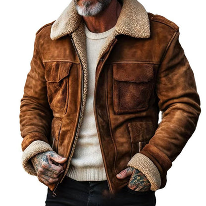 Herren Lederjacke Vintage Teddyfellkragen Praktisch