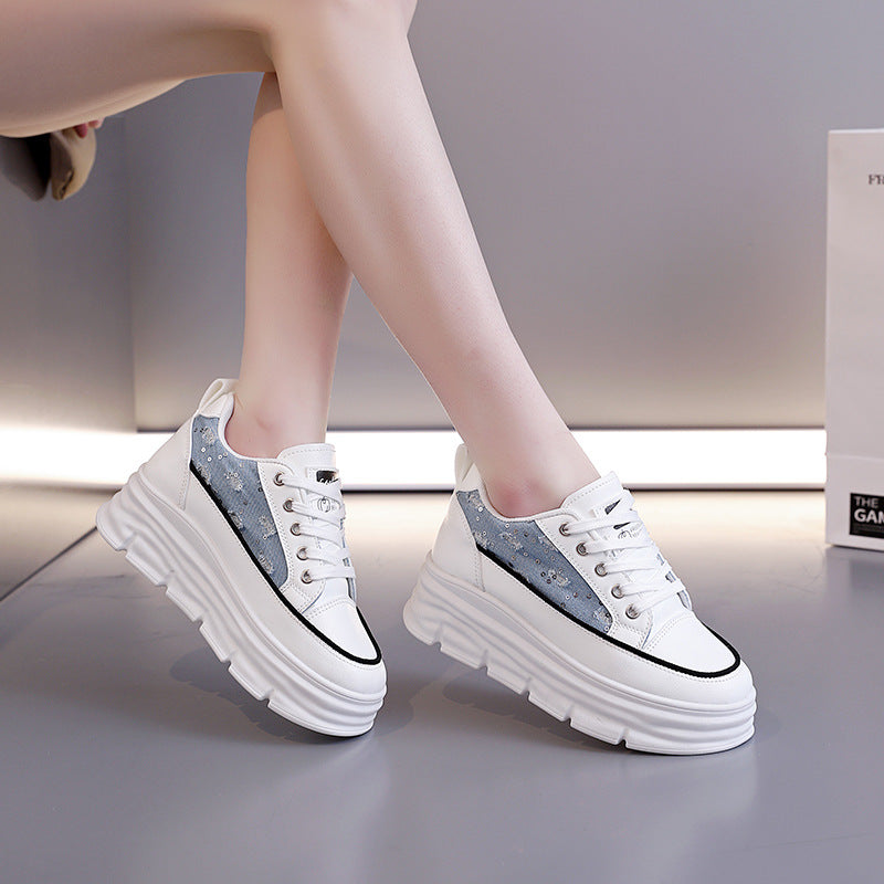 Damen Sneaker Plattform Schuhe Hoch mit Denim Akzent