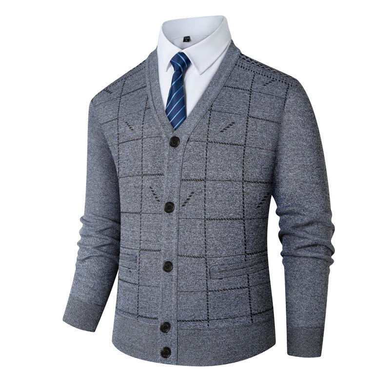 Herren Strickjacke V-Ausschnitt Modern Karomuster Grau