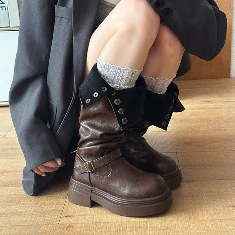 Damen Stiefel Leder Elegant Riemen Schwarz