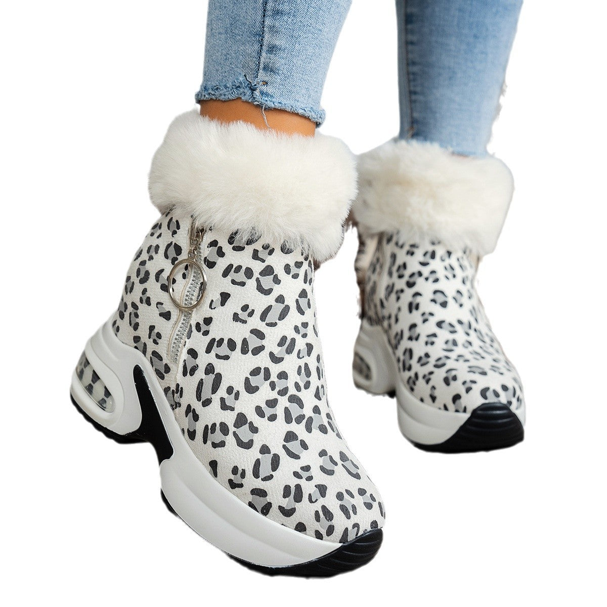 Damen Stiefel Sneaker mit Weichem Fellkragen Trendy Reißverschluss
