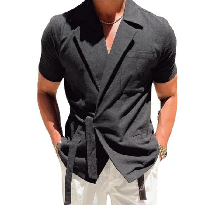 Herren Leinenhemd Wickel Optik Elegant Sommer