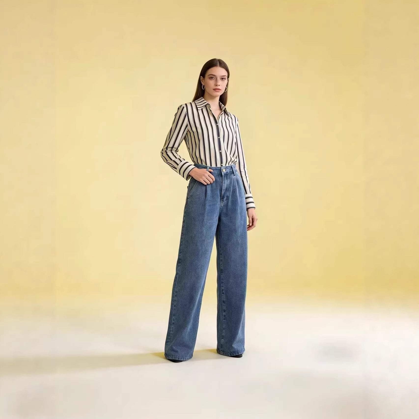 Damen Jeans Hoher Bund Weite Bein Faltenstoff - BerlinGlamour