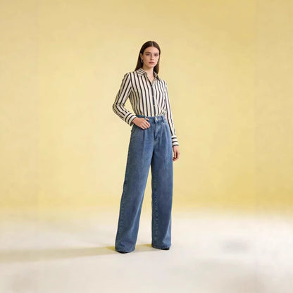 Damen Jeans Hoher Bund Weite Bein Faltenstoff - BerlinGlamour