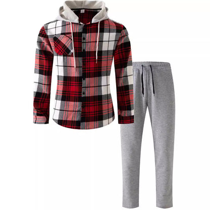 Herren Flanell-Hemd Set mit Jogginghose Kapuze Bequem