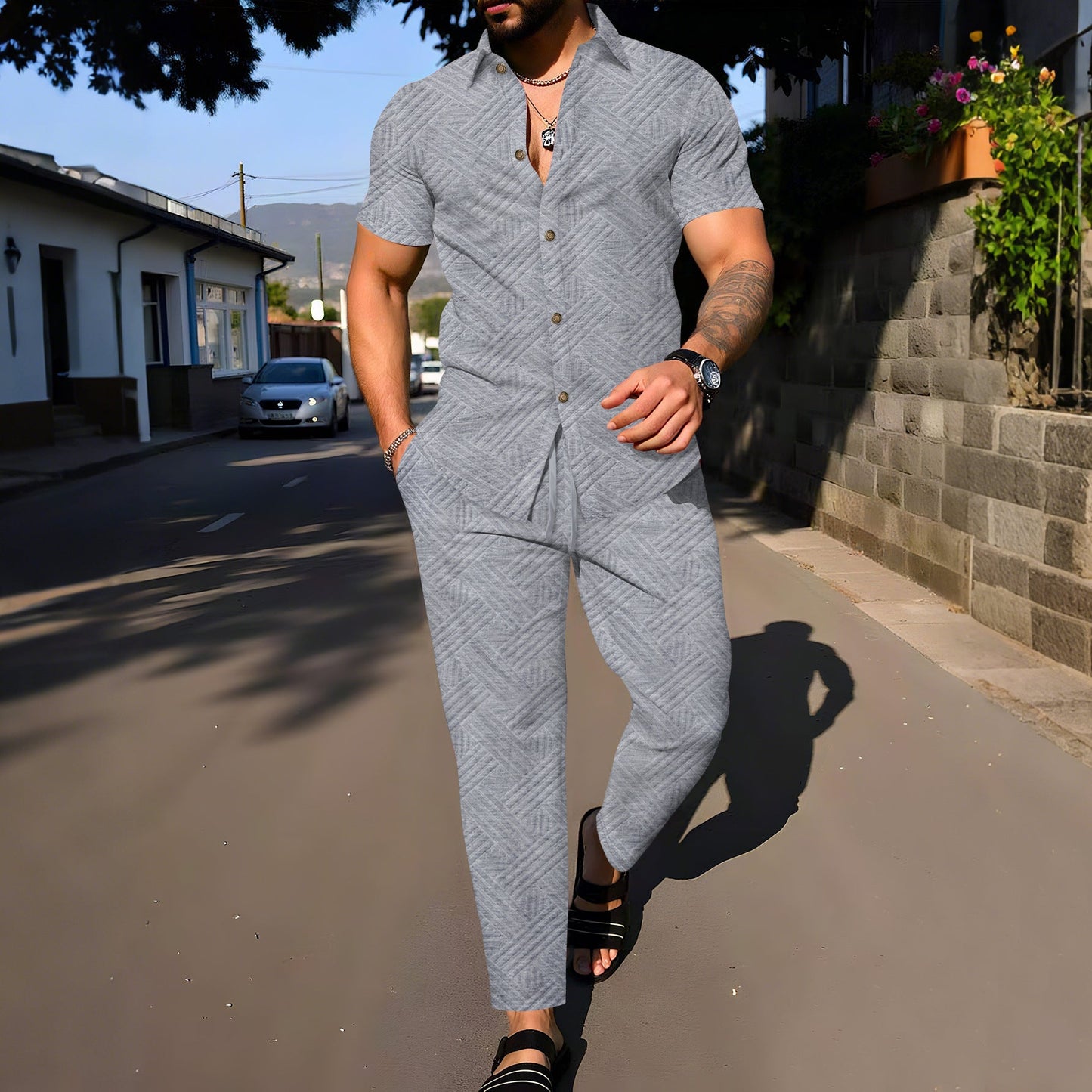 Herren Overall Kurzarm Modern mit Taschen und Schnitt