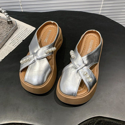 Damen Plateau Sandalen Plateauschuhe mit Perlen schwarz