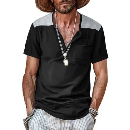 Herren Henley-Shirt Kurzarm mit Kontrastdetails und Brusttasche