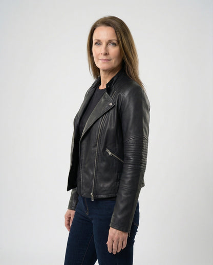 Leder Bikerjacke Damen Kurz Tailliert Asymmetrisch - BerlinGlamour
