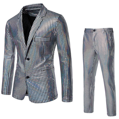 Herren Disco-Anzug Glitzernd Quadratmuster Partyanzug