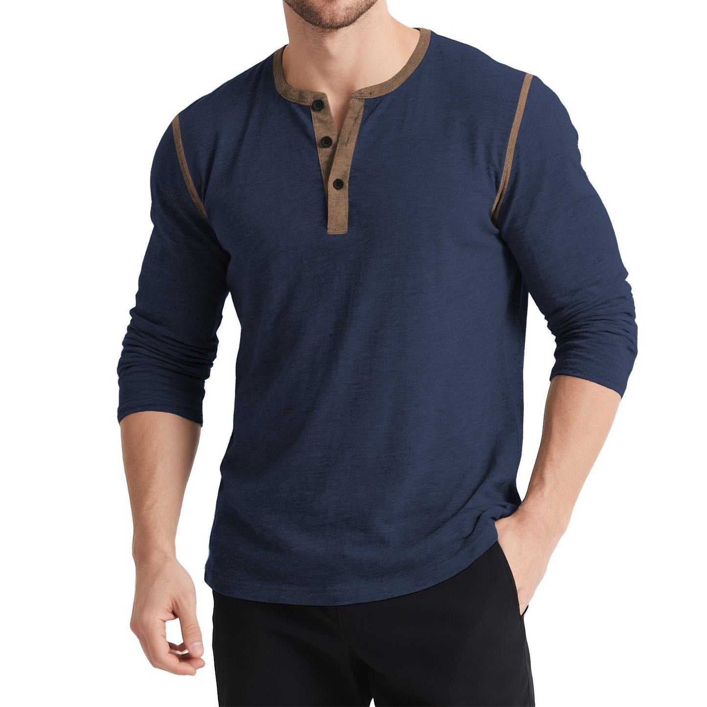 Herren Longsleeve Oberteil Sportlich Knopfleiste Modern
