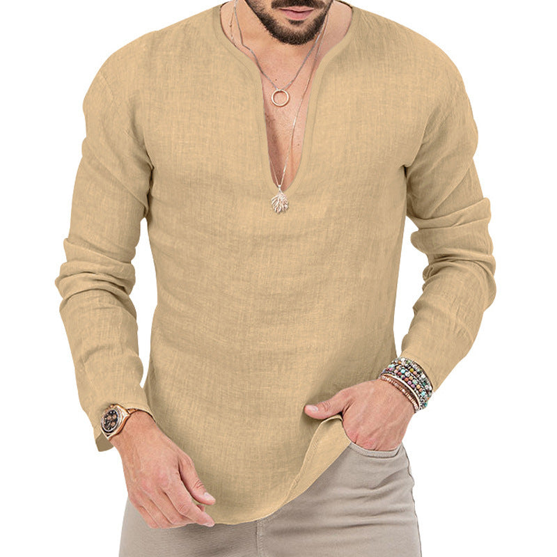 Leinen-Hemd Herren Baumwolle Relaxed Fit V-Ausschnitt
