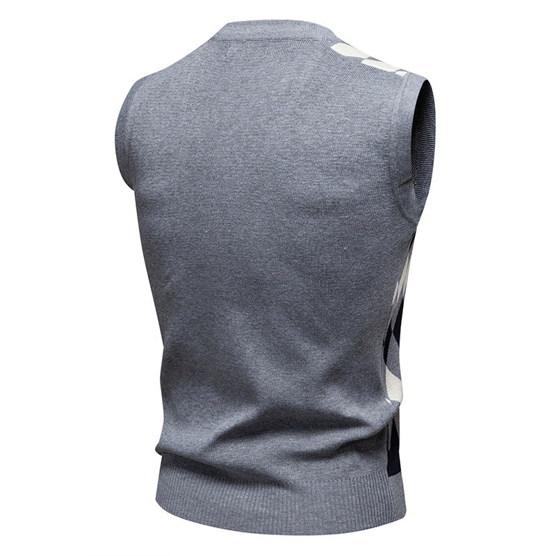 Herren Ärmelloser Pullover Rautenmuster V-Ausschnitt Modern