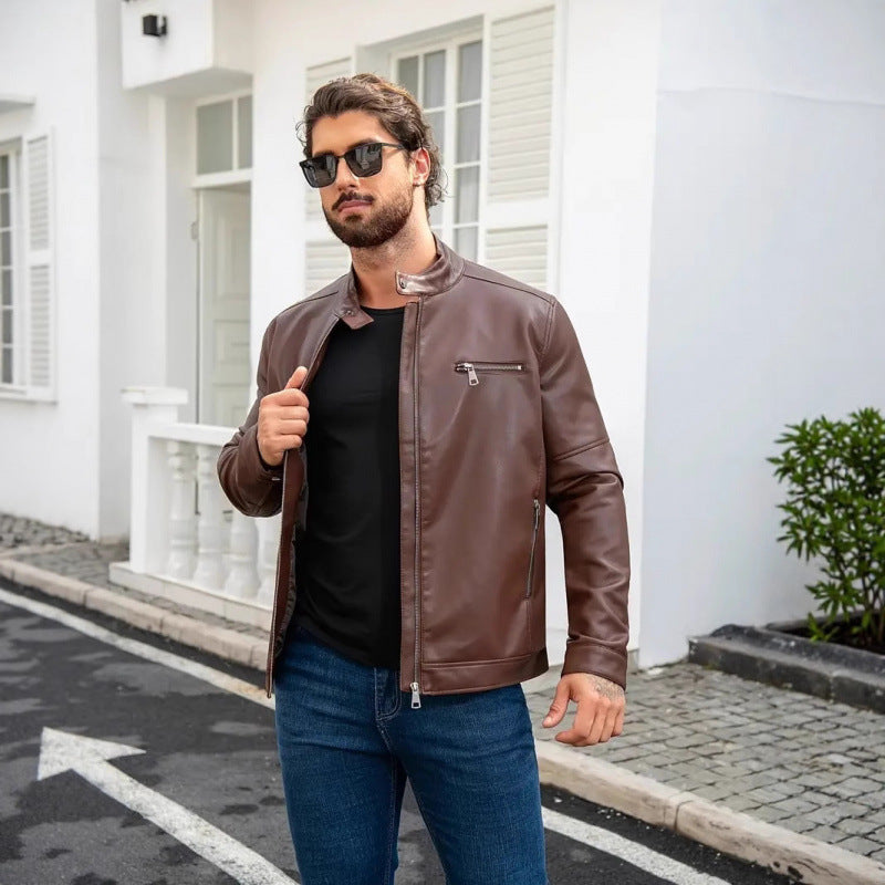 Herren Lederjacke Modern Kragen Schwarz Kunstleder