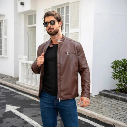 Herren Lederjacke Modern Kragen Schwarz Kunstleder