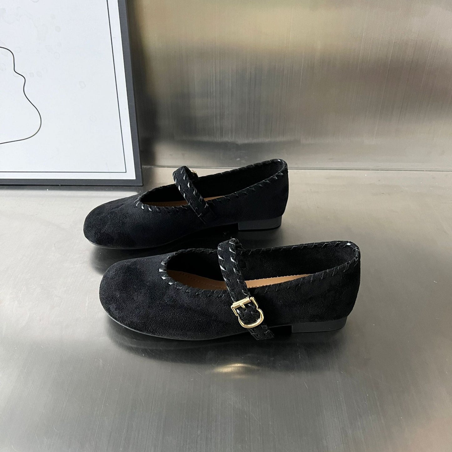 Damen Ballerinas Elegante Velourschuhe mit Riemen