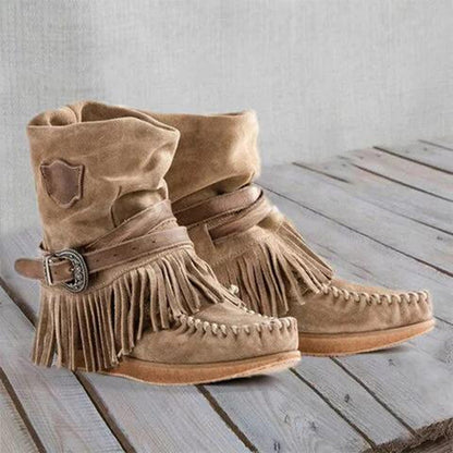 Damen Stiefel Mokassin Fransen Schnalle Modern