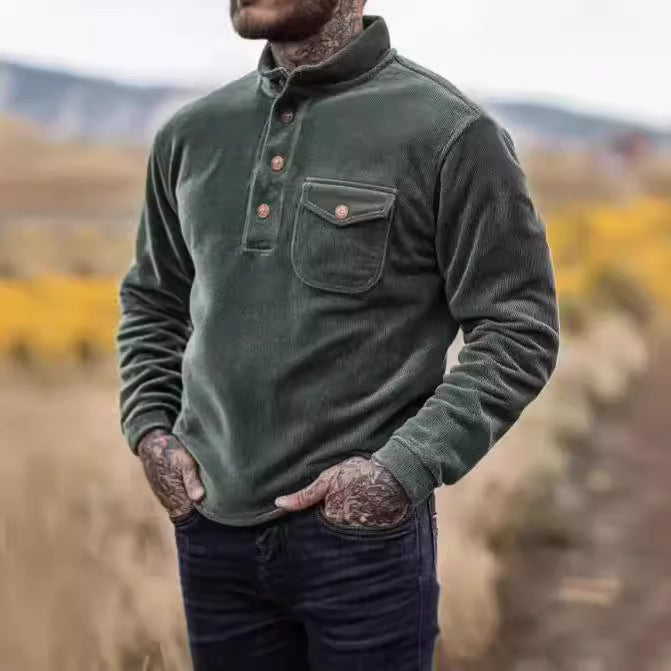 Herren Kordpullover Warmhalter mit Knöpfen und Brusttasche
