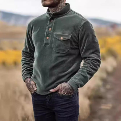 Herren Kordpullover Warmhalter mit Knöpfen und Brusttasche