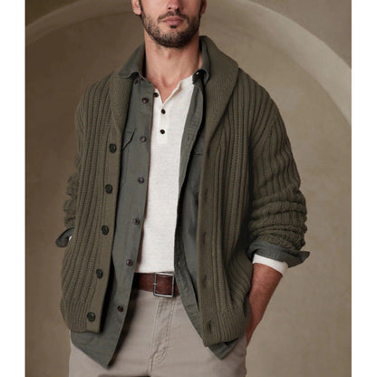 Herren Strickjacke Modern Zopfmuster Umlegekragen Klassisch
