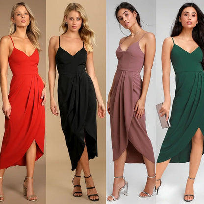 Damen Maxikleid Satin Wickelkleid Elegant