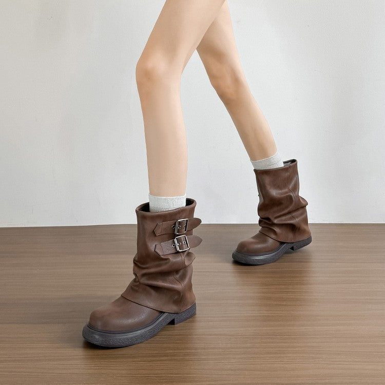 Damen Winterstiefel Modisch Falten-Design Schnalle Schwarz